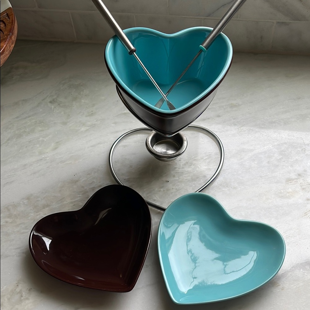 Blue and Brown Heart-Shaped chocolate fondue Set